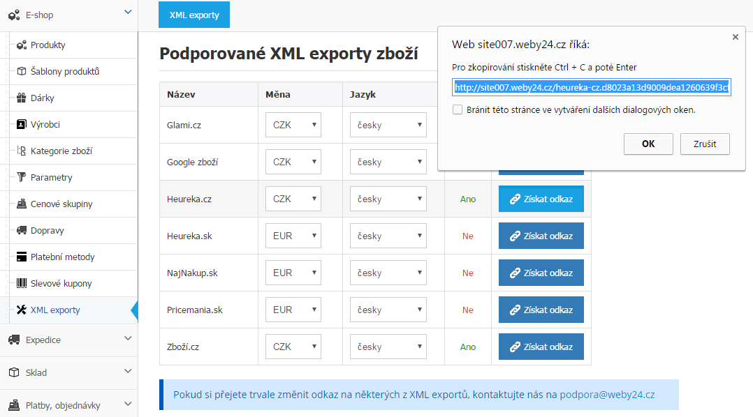 Získání odkazu na XML feed